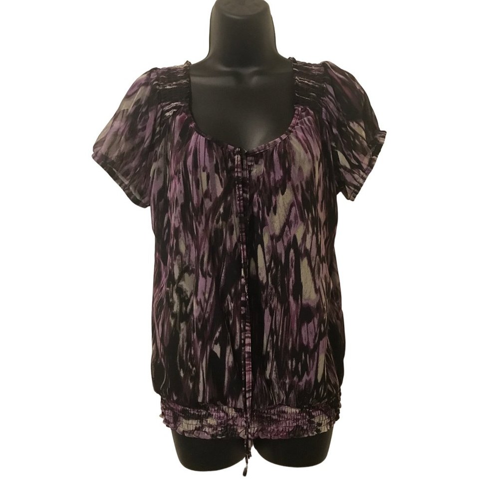 Nicole Miller Multicolor Blouse Tie Neck Short Sleeve Ribbed Hem Size Medium